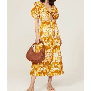 NWT Cleobella Sadie Dress Womens Yellow Watercolor IKAT Short Puff Sleeves - L